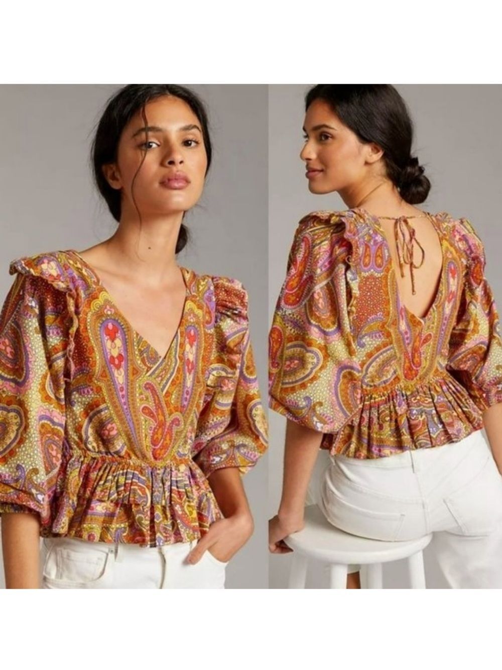 Anthropologie Paisley V-Neck Peplum Blouse